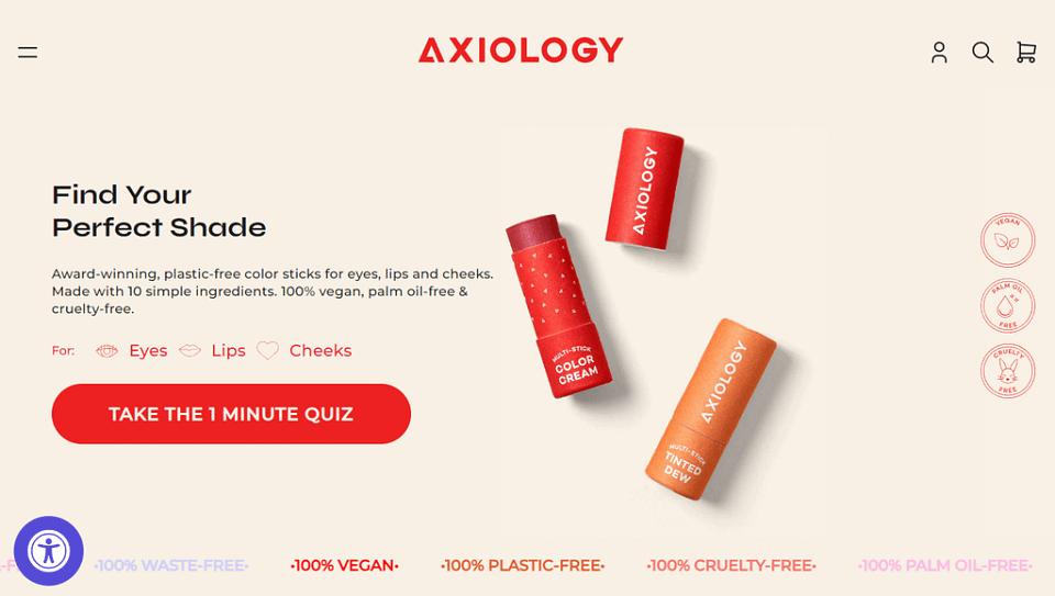 axiology homepage containing an excellent cta