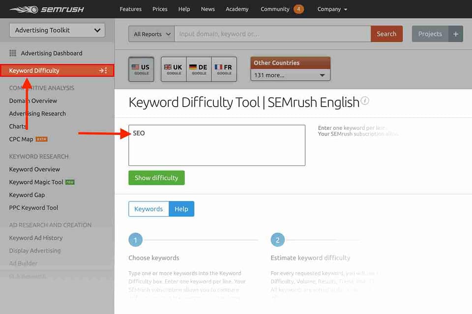 semrush keyword difficulty tool inserisci keyword