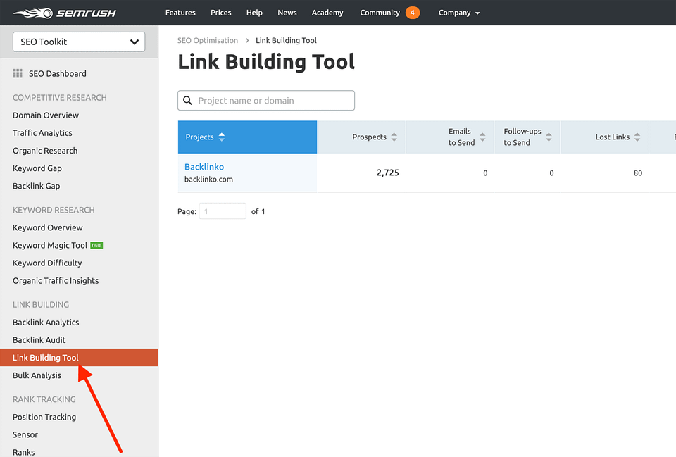 semrush link building tool