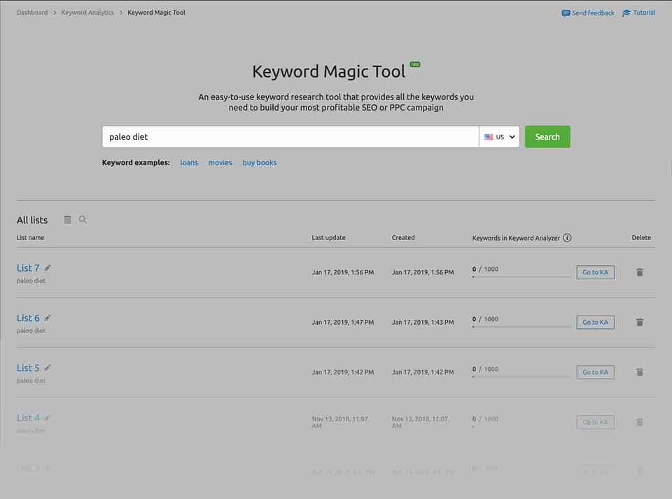semrush keyword magic tool inserire keyword